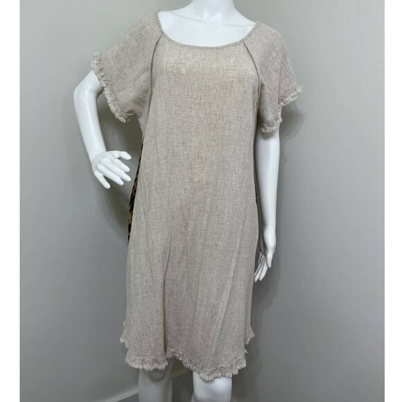 Umgee Linen Blend Leopard Print Boho Raw Fringe Hem Size Medium Tunic Dress - Picture 1 of 10